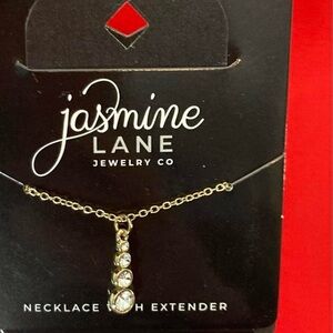 Gold Jasmine Lane necklace with diamond rhinestone pendant 16in w extender